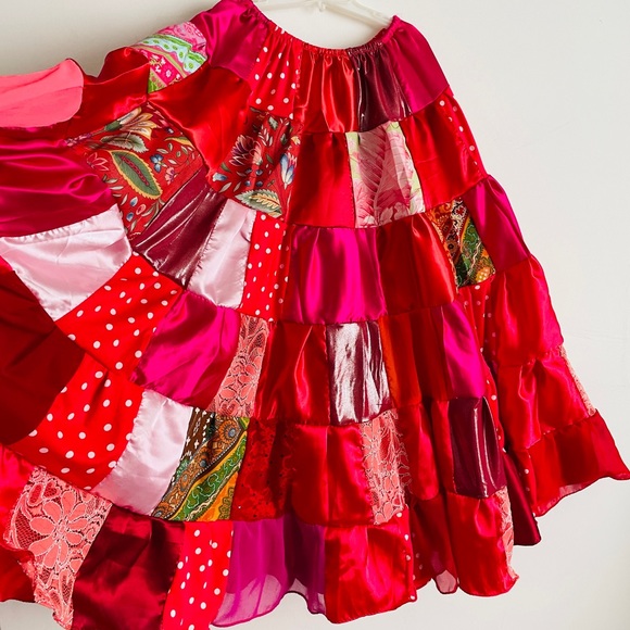 Red Multicolor Patchwork Skirt. Mid-calf Midi. Satin Cotton Chiffon. Size S, New - Picture 4 of 5